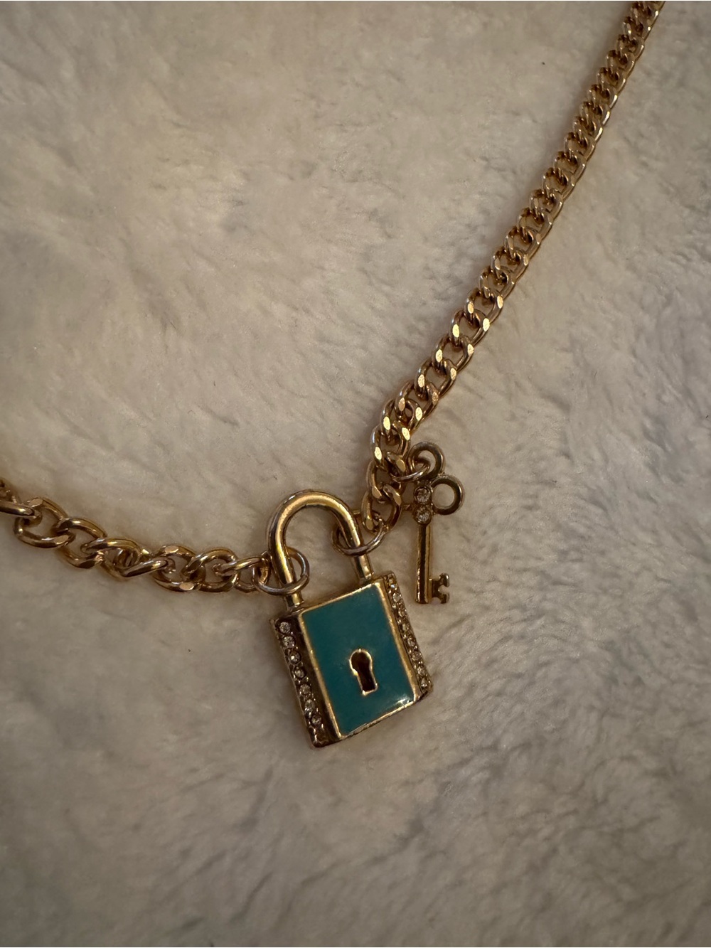 Gold-Tone Padlock Necklace with Turquoise Enamel and Key Charm